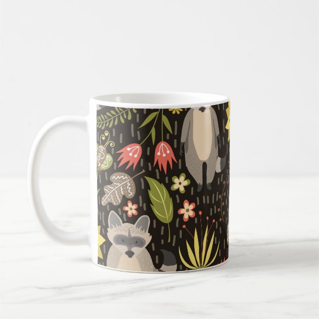 Funny Raccoons Vintage Illustration Pattern Coffee Mug (Left)