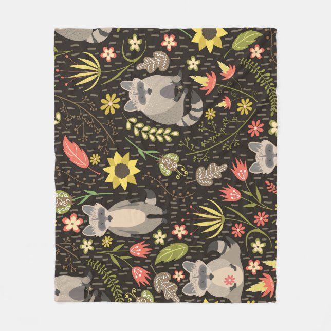Funny Raccoons Vintage Illustration Pattern Fleece Blanket (Front)