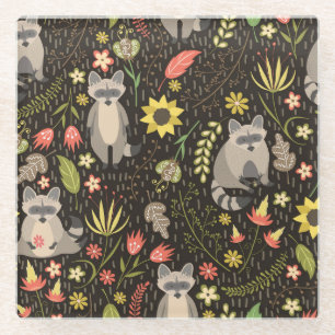 Funny Raccoons Vintage Illustration Pattern Glass Coaster