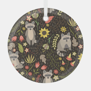Funny Raccoons Vintage Illustration Pattern Glass Tree Decoration