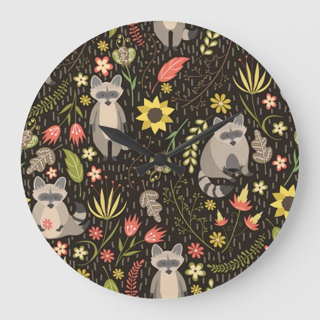 Funny Raccoons Vintage Illustration Pattern Large Clock (Front)