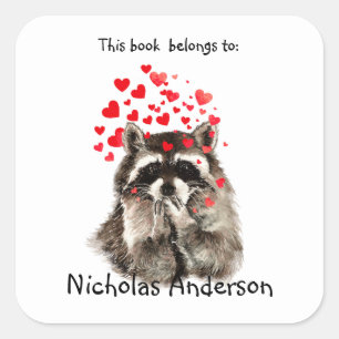 Funny Racoon Animal blowing kisses Bookplate art Square Sticker