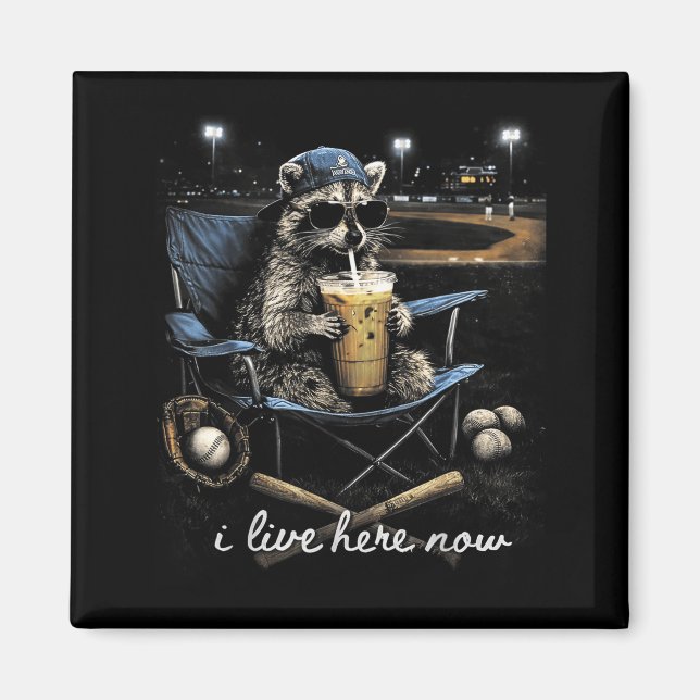 Funny Racoon Baseball Iced Coffee Lover Live Here Magnet (Front)