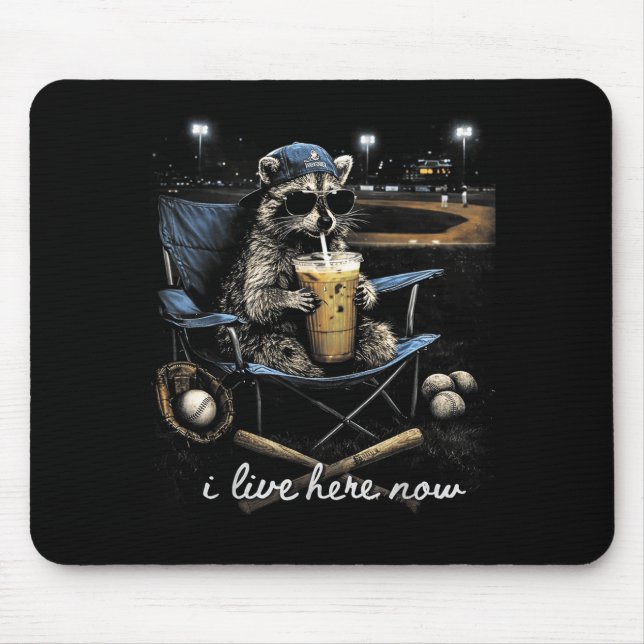 Funny Racoon Baseball Iced Coffee Lover Live Here Mouse Pad (Front)