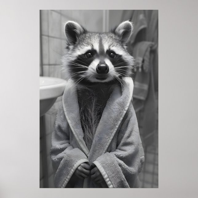 Funny Racoon Bathrobe Print, Quirky Bathroom Wall Poster (Front)