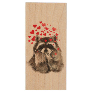 Funny Racoon Blowing Kisses Love Hearts Wood USB Flash Drive