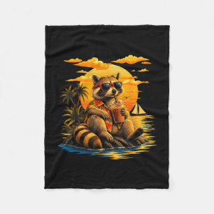 Funny racoon coffee sunglasses hawaiian sunset fleece blanket
