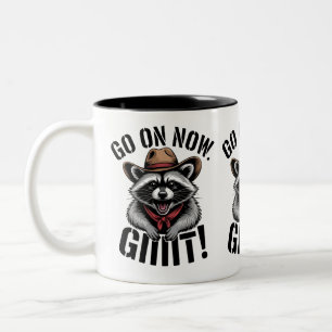 Funny Racoon Cowboy Go On Now Git Country Western Two-Tone Coffee Mug
