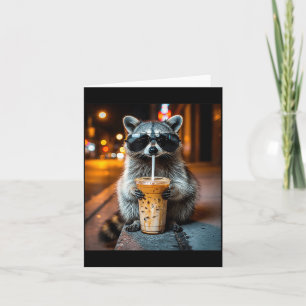 Funny racoon drinking iced coffee animal meme card