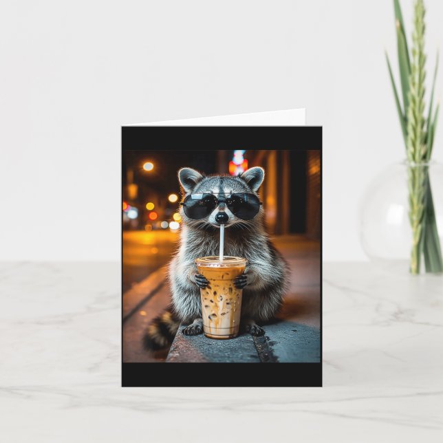 Funny racoon drinking iced coffee animal meme card (Front)
