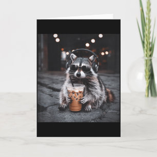 Funny Racoon Drinking Iced Coffee Animal Meme Men Card