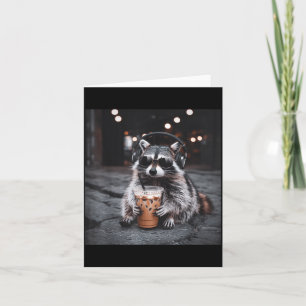 Funny racoon drinking iced coffee animal meme men card