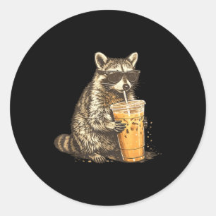 Funny racoon drinking iced coffee animal meme men classic round sticker