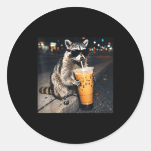 Funny racoon drinking iced coffee animal meme men classic round sticker