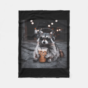 Funny racoon drinking iced coffee animal meme men fleece blanket
