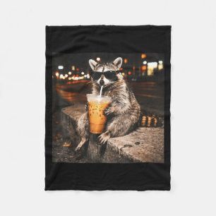Funny racoon drinking iced coffee animal meme men fleece blanket