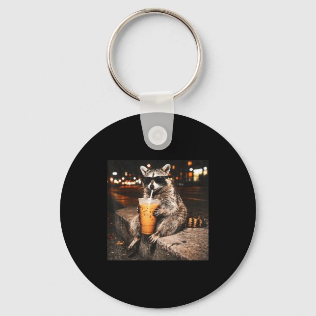 Funny racoon drinking iced coffee animal meme men key ring (Front)