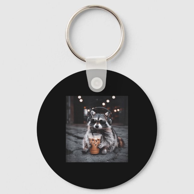 Funny racoon drinking iced coffee animal meme men key ring (Front)