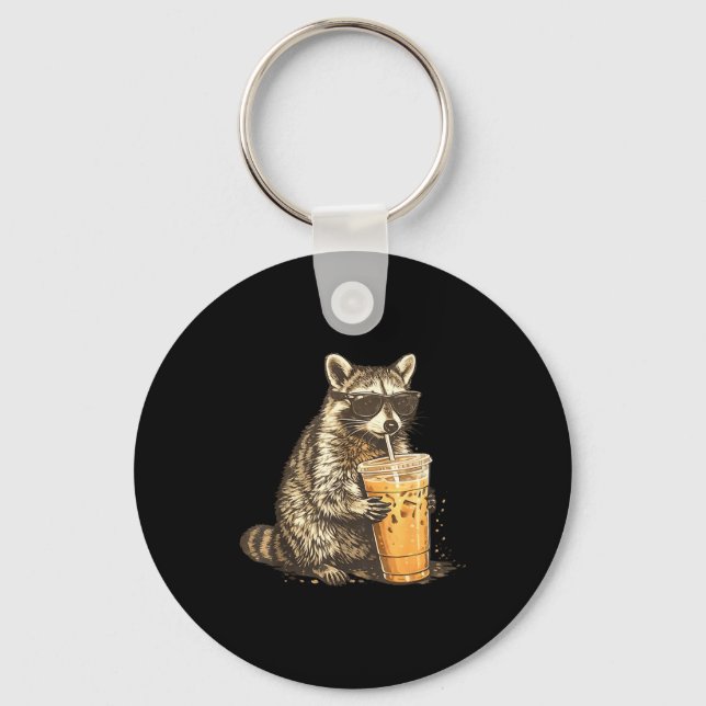Funny racoon drinking iced coffee animal meme men key ring (Front)