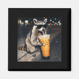 Funny racoon drinking iced coffee animal meme men magnet
