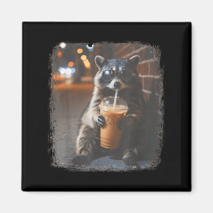 Funny racoon drinking iced coffee animal meme men magnet