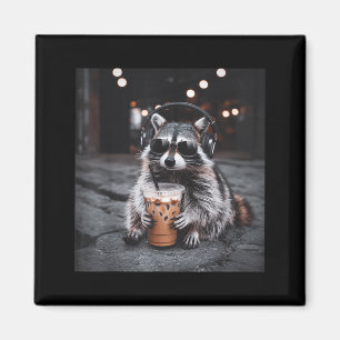 Funny racoon drinking iced coffee animal meme men magnet