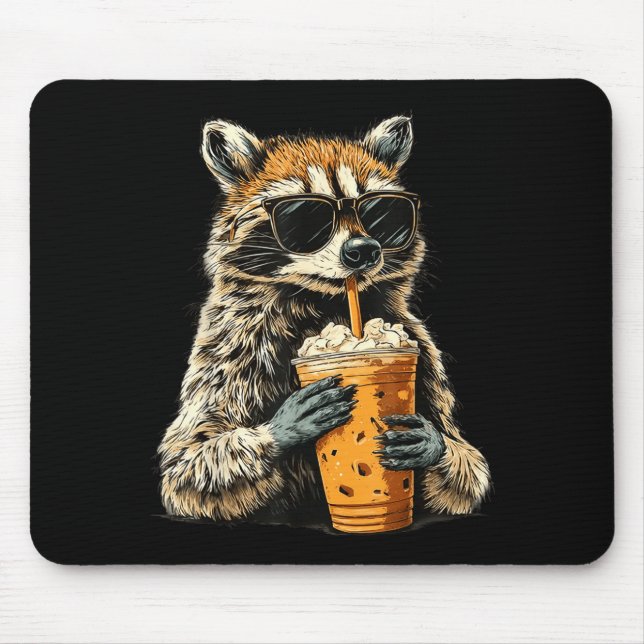 Funny racoon drinking iced coffee animal meme men mouse pad (Front)