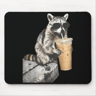 Funny racoon drinking iced coffee animal meme men mouse pad