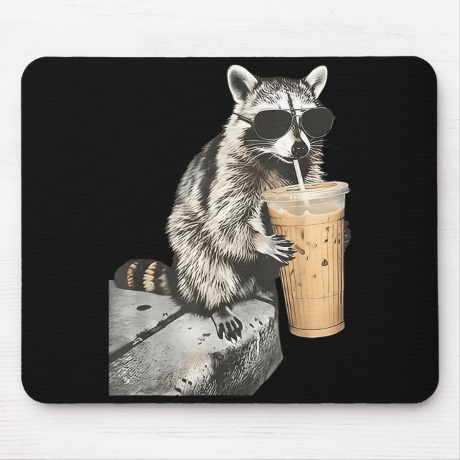 Funny racoon drinking iced coffee animal meme men mouse pad (Front)