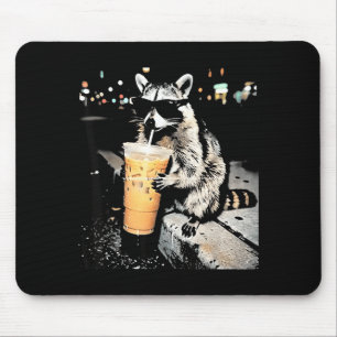 Funny racoon drinking iced coffee animal meme men mouse pad