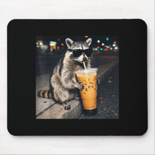 Funny racoon drinking iced coffee animal meme men mouse pad