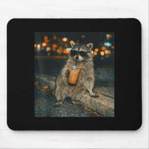 Funny racoon drinking iced coffee animal meme men mouse pad