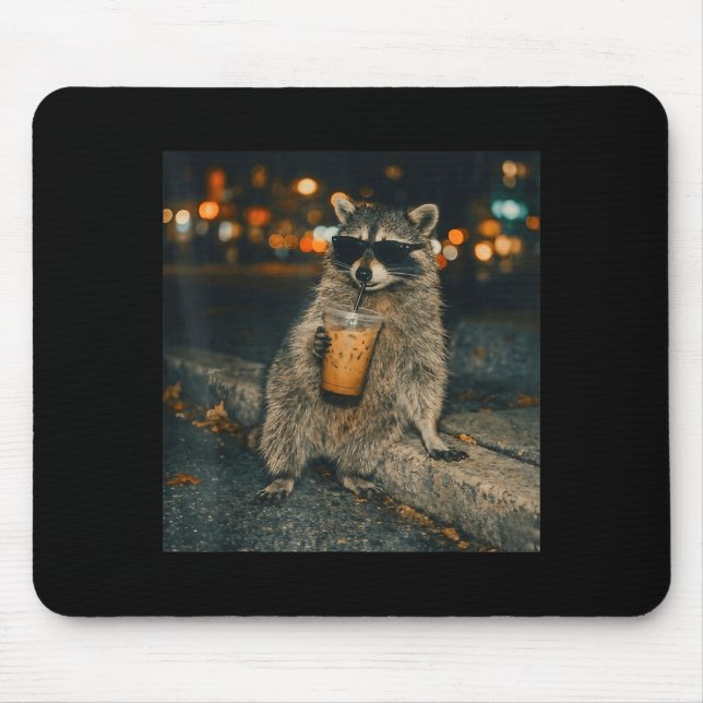 Funny racoon drinking iced coffee animal meme men mouse pad (Front)