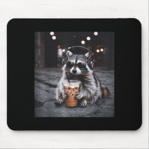 Funny racoon drinking iced coffee animal meme men mouse pad