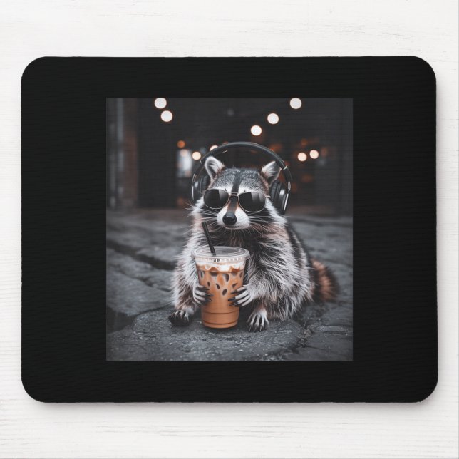 Funny racoon drinking iced coffee animal meme men mouse pad (Front)