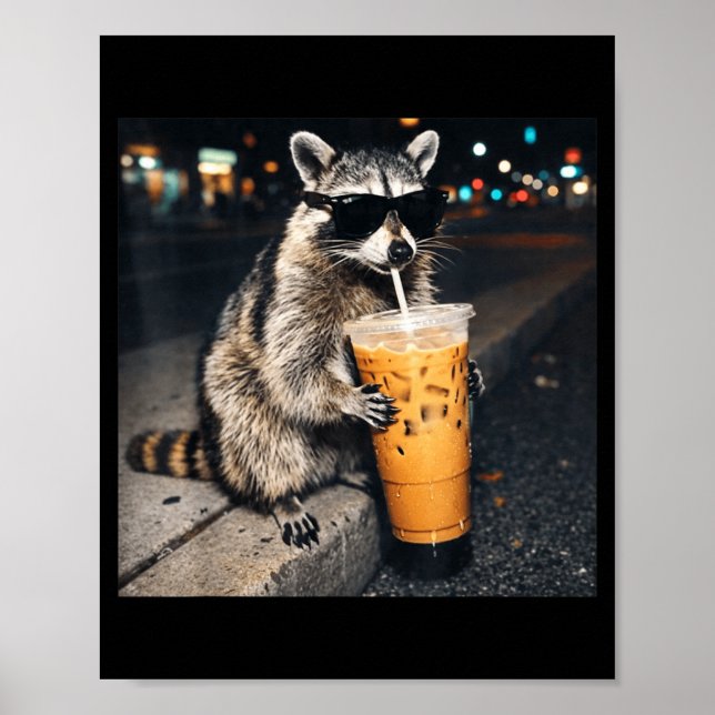 Funny racoon drinking iced coffee animal meme men poster (Front)