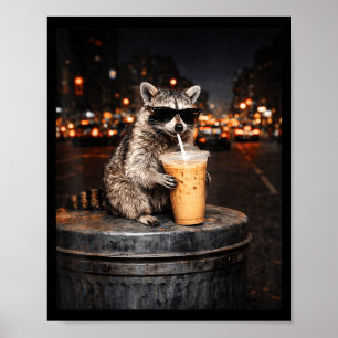 Funny racoon drinking iced coffee animal meme men poster
