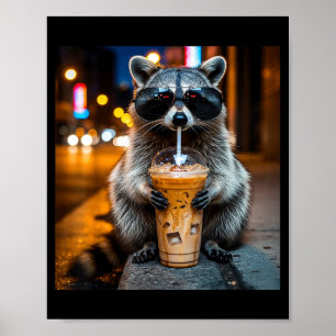 Funny racoon drinking iced coffee animal meme poster