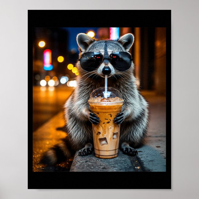 Funny racoon drinking iced coffee animal meme poster (Front)
