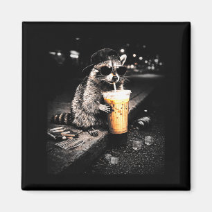 Funny Racoon Drinking Iced Coffee Artwork Magnet