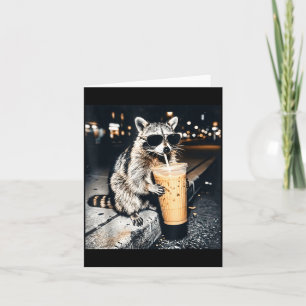 Funny racoon drinking iced coffee card