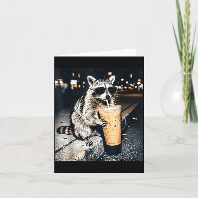 Funny racoon drinking iced coffee  card (Front)