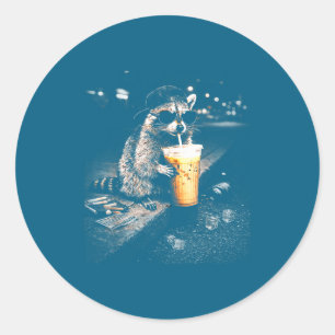 Funny Racoon Drinking Iced Coffee Classic Round Sticker