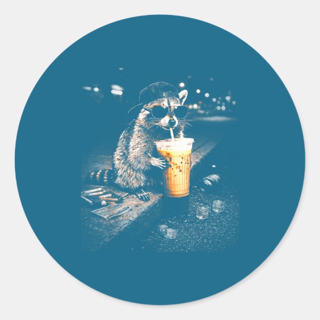 Funny Racoon Drinking Iced Coffee Classic Round Sticker (Front)