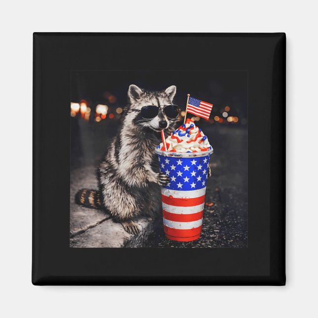 Funny Racoon Drinking Iced Coffee Meme Flag 4th Magnet (Front)