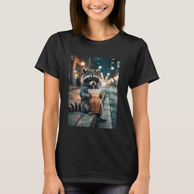 Funny Racoon Drinking Iced Coffee Meme T-Shirt (Front)