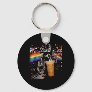 Funny Racoon Drinking Iced Coffee Rainbow Flag Key Ring