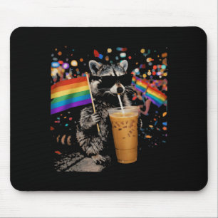 Funny Racoon Drinking Iced Coffee Rainbow Flag Mouse Pad