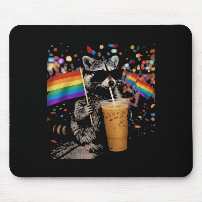 Funny Racoon Drinking Iced Coffee Rainbow Flag Mouse Pad (Front)