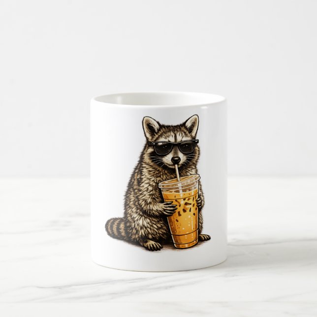 Funny Racoon Drinking Iced Coffee — Retro Animal  Mug (Center)